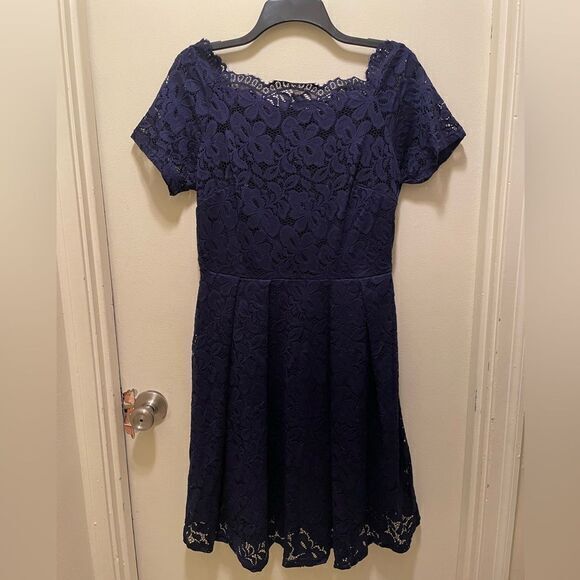 MissMay Retro Gorgeous City A-Line Dress Women's Short Sleeve Navy Lace - Picture 1 of 10